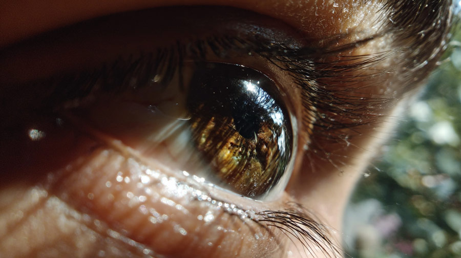 Close-up of a brown eye with detailed eyelashes and light reflecting on the cornea.