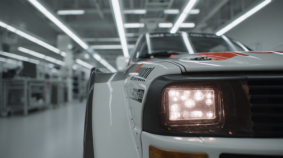 Close-up of the front left headlight and fender of a white race car with decals inside a brightly lit garage.