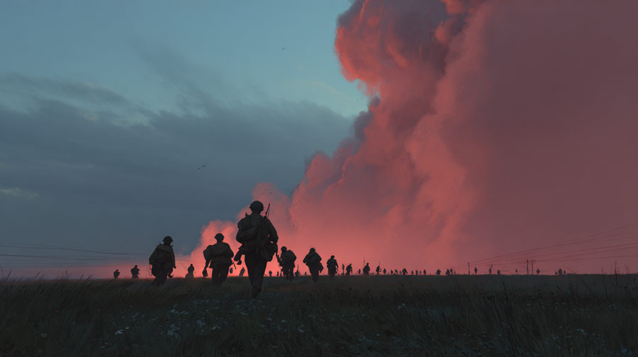Silhouettes of soldiers walking through a field toward a large plume of red smoke or fire under a darkening sky.
