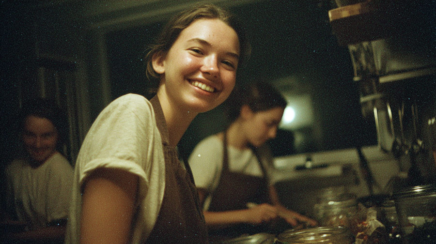 Smiling young woman in a kitchen with two blurred people working in the background.