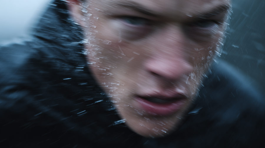 Close-up of a young person's face with water droplets splashing, blurred in motion.