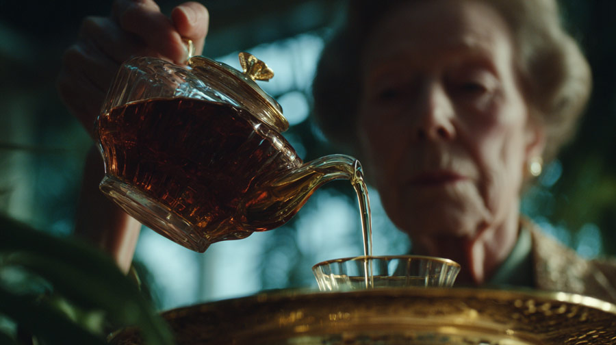 Elderly woman pouring tea from a glass teapot into a glass cup over a golden tray.