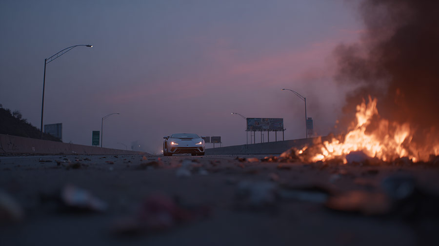 White sports car driving on a highway at dusk with fire and smoke on the road ahead.