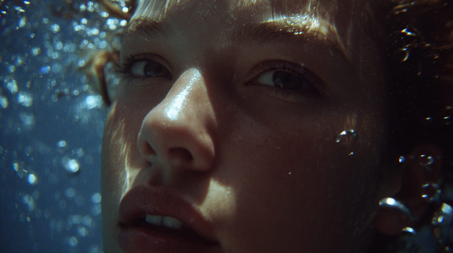 Close-up of a person's face underwater with bubbles and light reflections.
