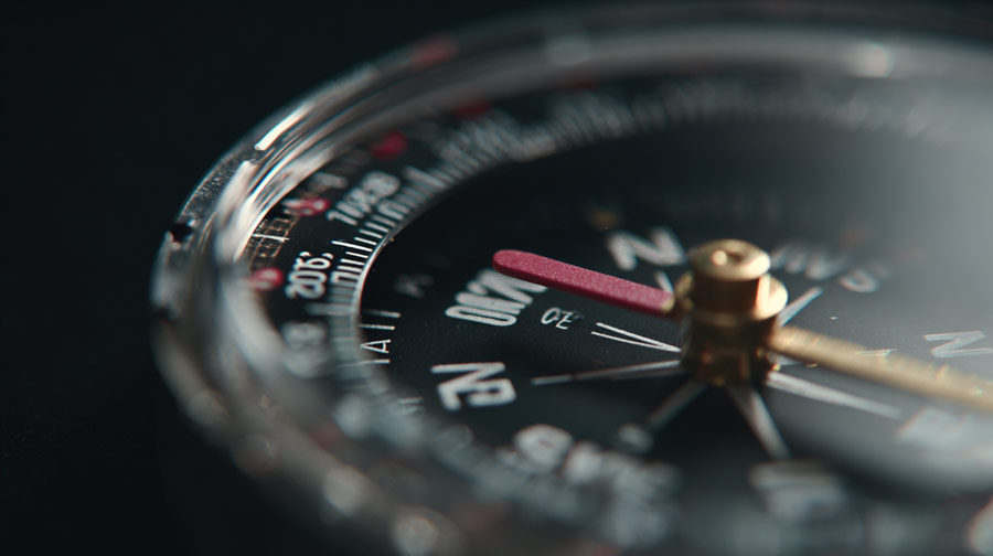 Close-up of a black compass with a red needle pointing north and gold pivot detail.