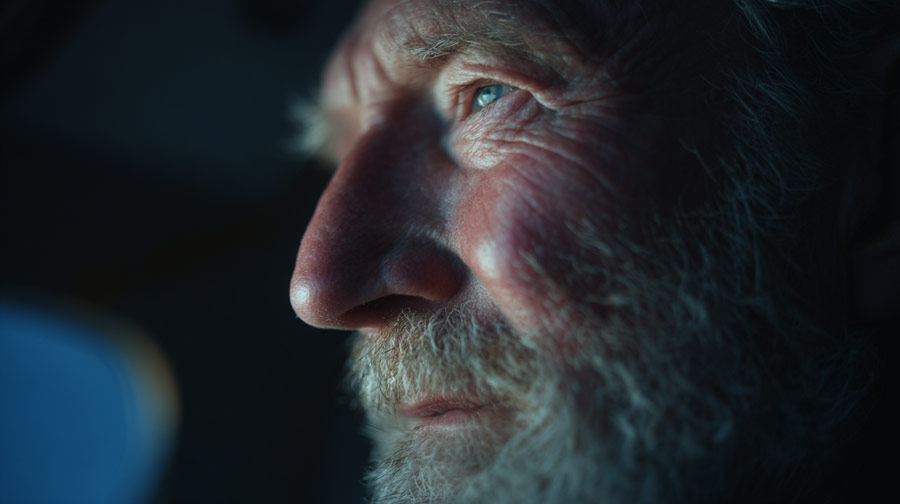 Close-up side profile of an elderly man with a beard and blue eyes looking thoughtfully into the distance.