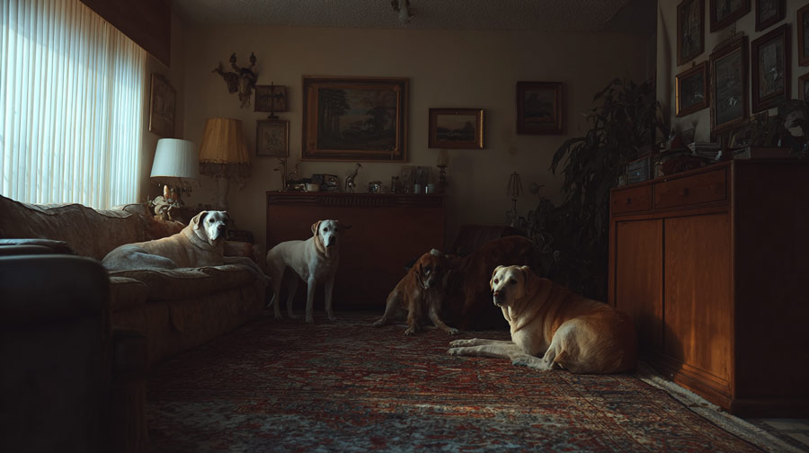 Four dogs resting in a dimly lit, vintage-style living room with patterned carpet, wooden furniture, and framed paintings on the walls.