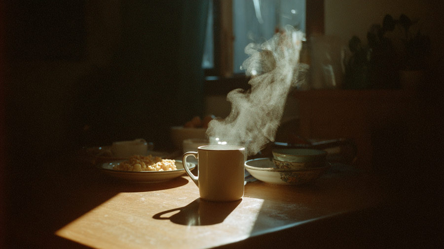 White ceramic mug with steam rising on a sunlit wooden table alongside plates and bowls in a dimly lit room.