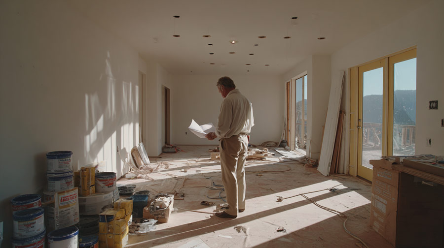 Man inside a sunlit, unfinished room holding blueprints, surrounded by construction materials and tools.