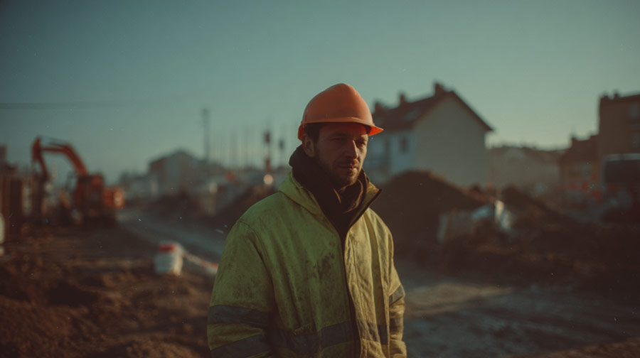 Construction worker wearing an orange hard hat and a dirty yellow high-visibility jacket at a construction site with blurred machinery and buildings in the background.