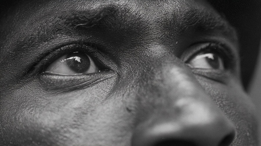 Close-up black and white photo of a person's eyes and upper nose with textured skin.