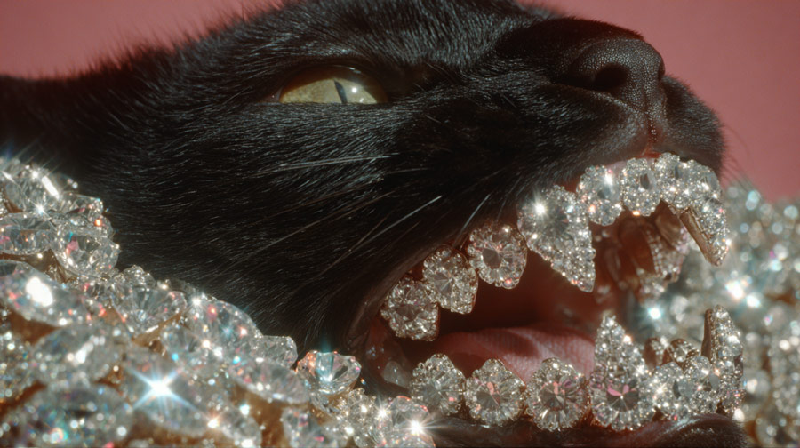 Close-up of a black cat's face with mouth open, revealing detailed diamond-encrusted teeth and surrounded by sparkling diamond jewelry.