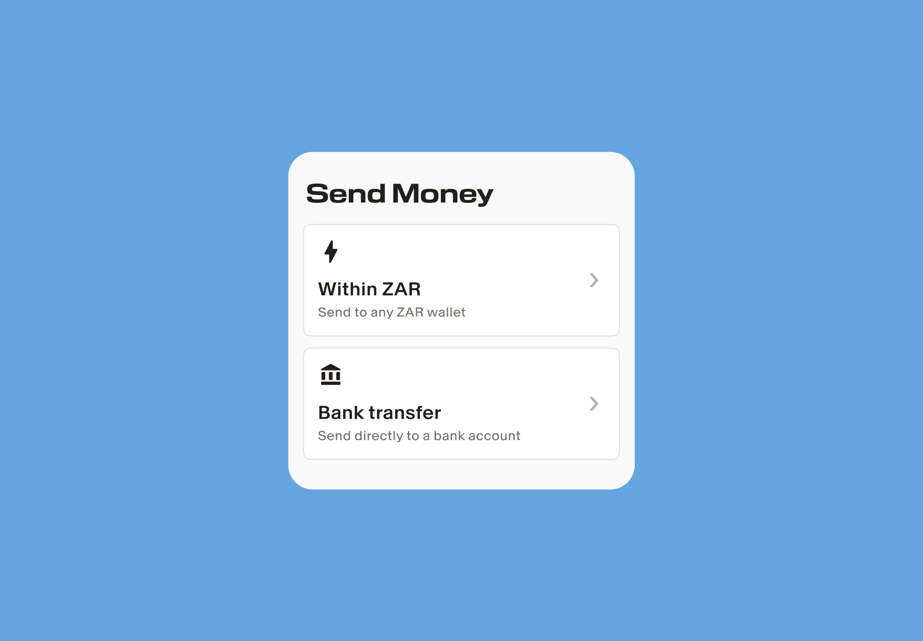 zar app interface to send money within zar or with a bank transfer