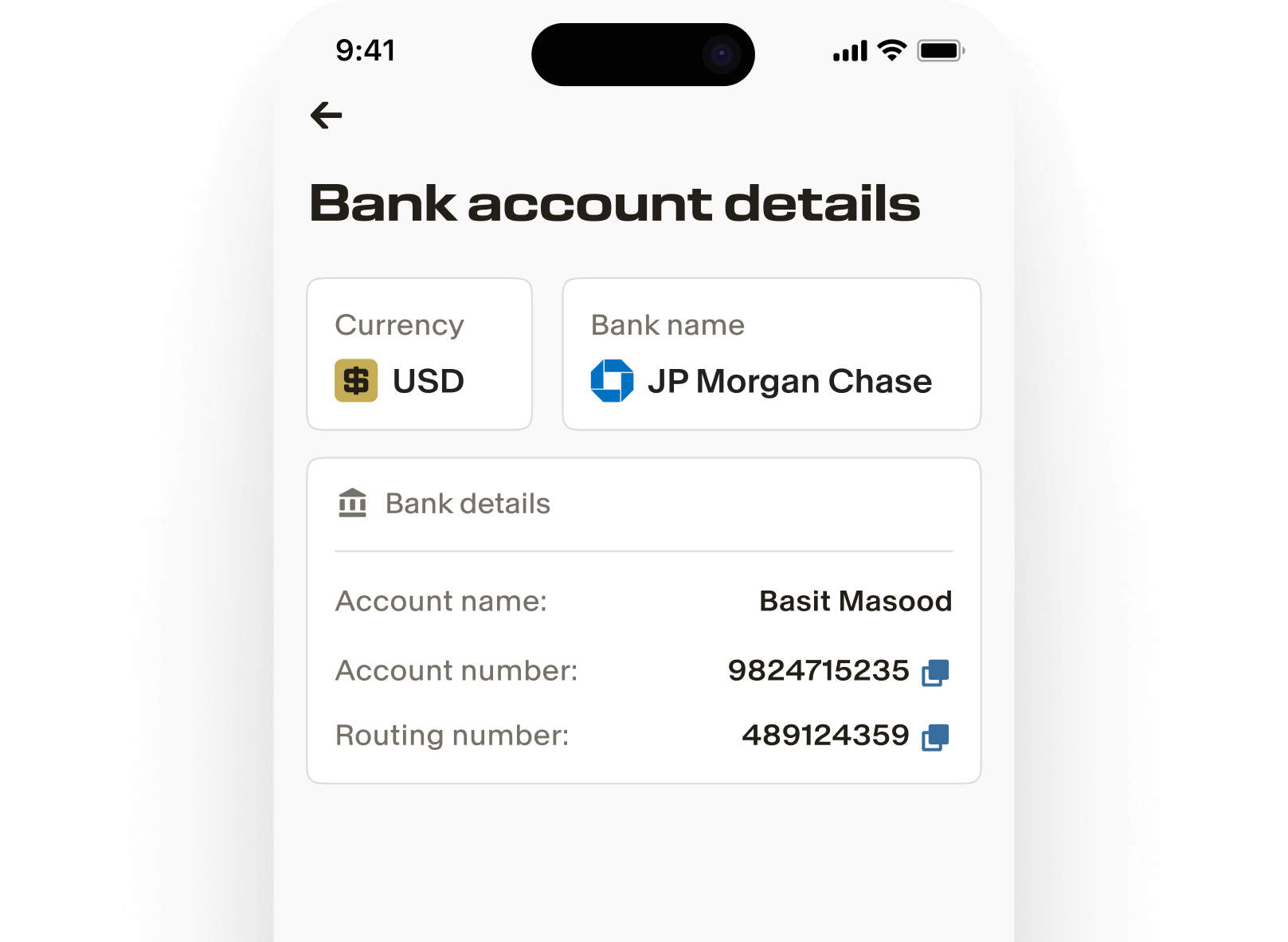 app interface with bank account details