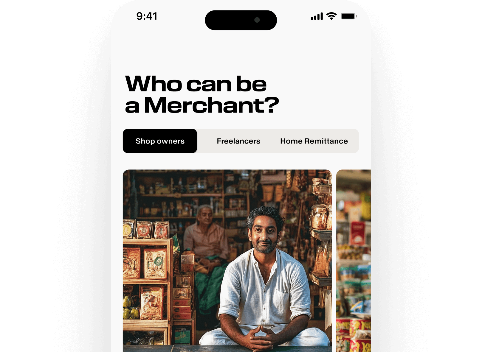 app interface, with the text "Who can be a Merchant?"