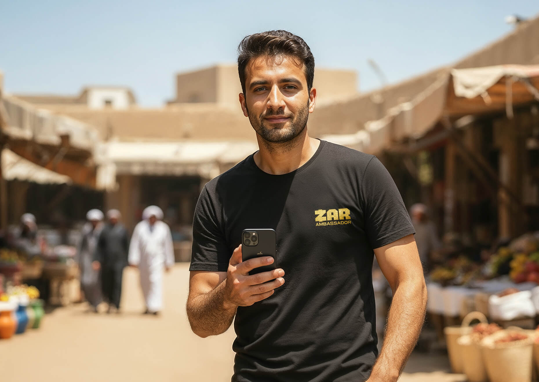 a man wearing a Zar branded t-shirt