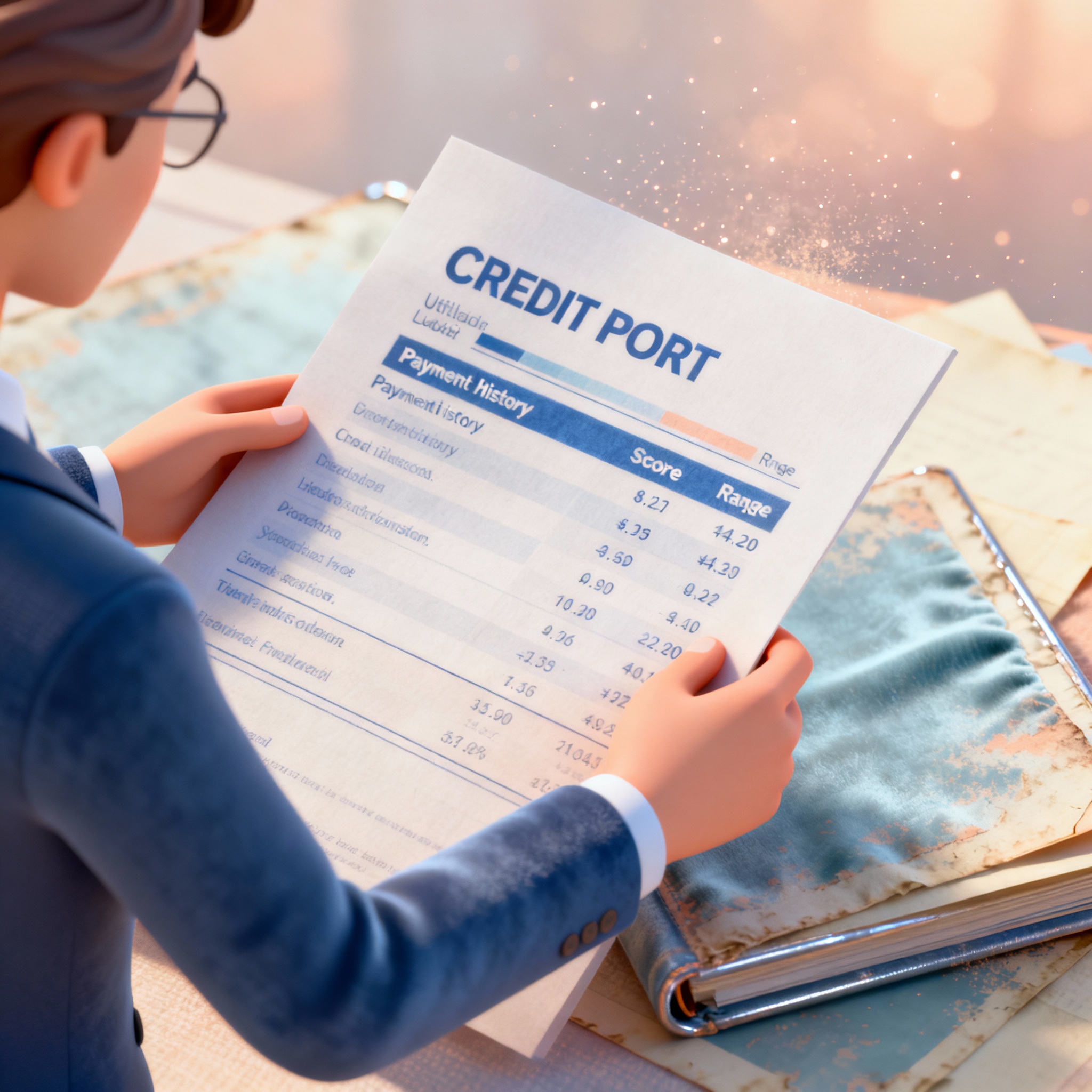 3D isometric scene of a lender reviewing a credit report showing payment historY