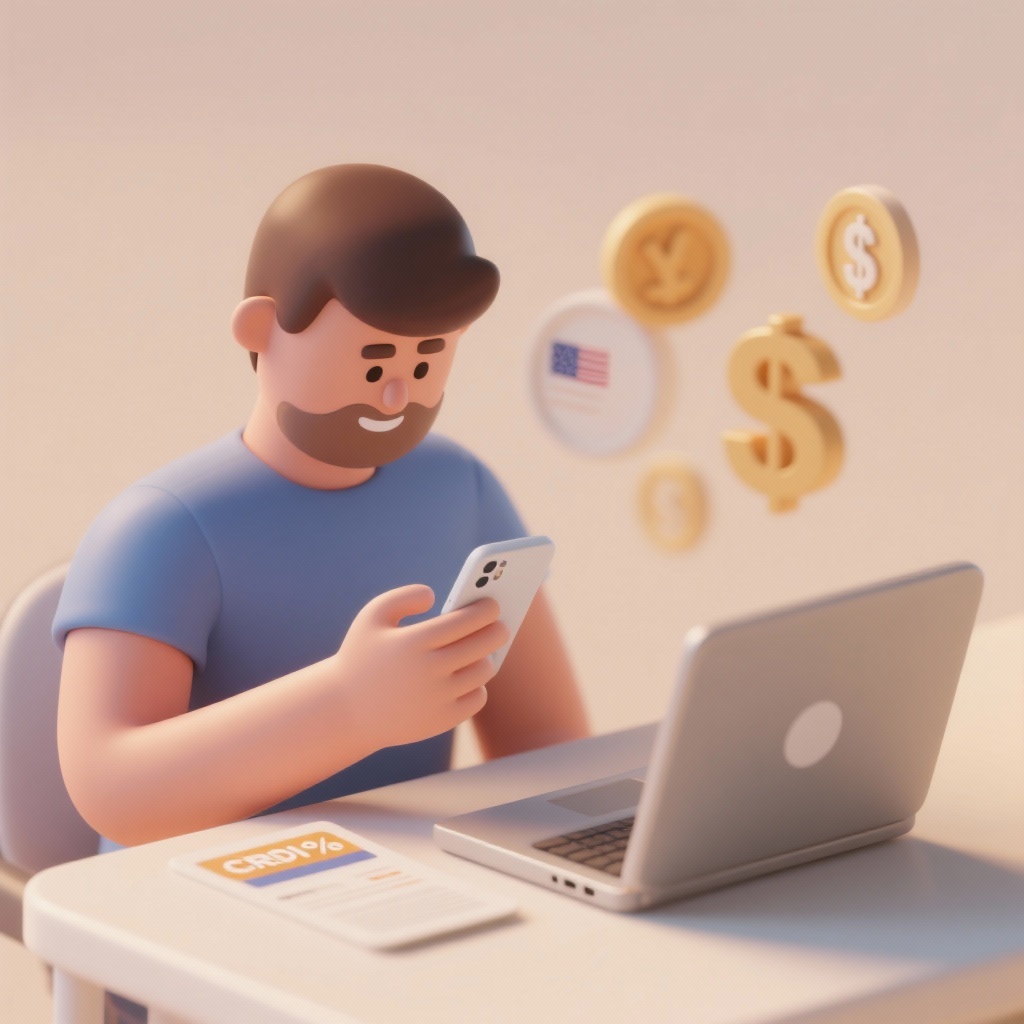 3D isometric illustration of a person checking credit score on a smartphone while reviewing personal loan options on a laptop.