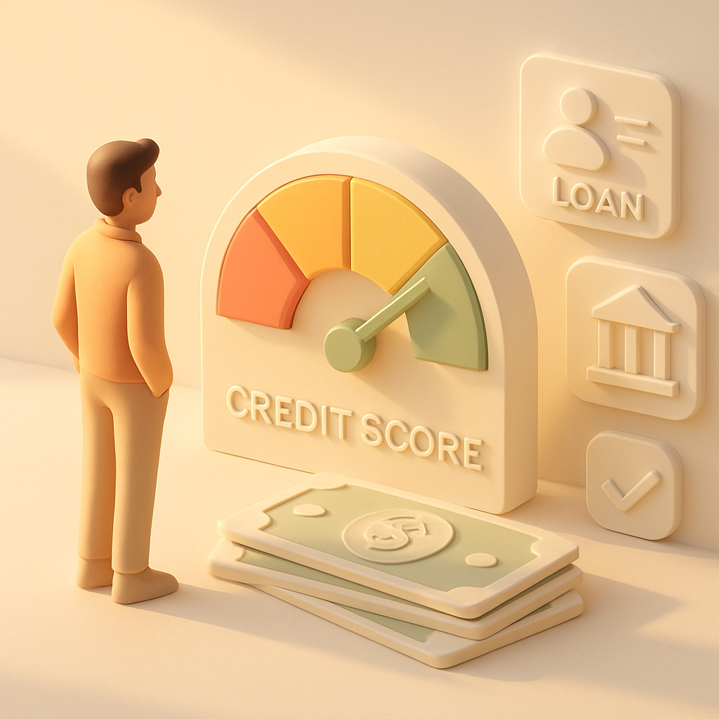 Credit score gauge and personal loan symbols in a 3D style