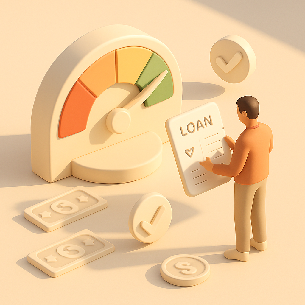 Credit score gauge and loan documents in 3D illustration