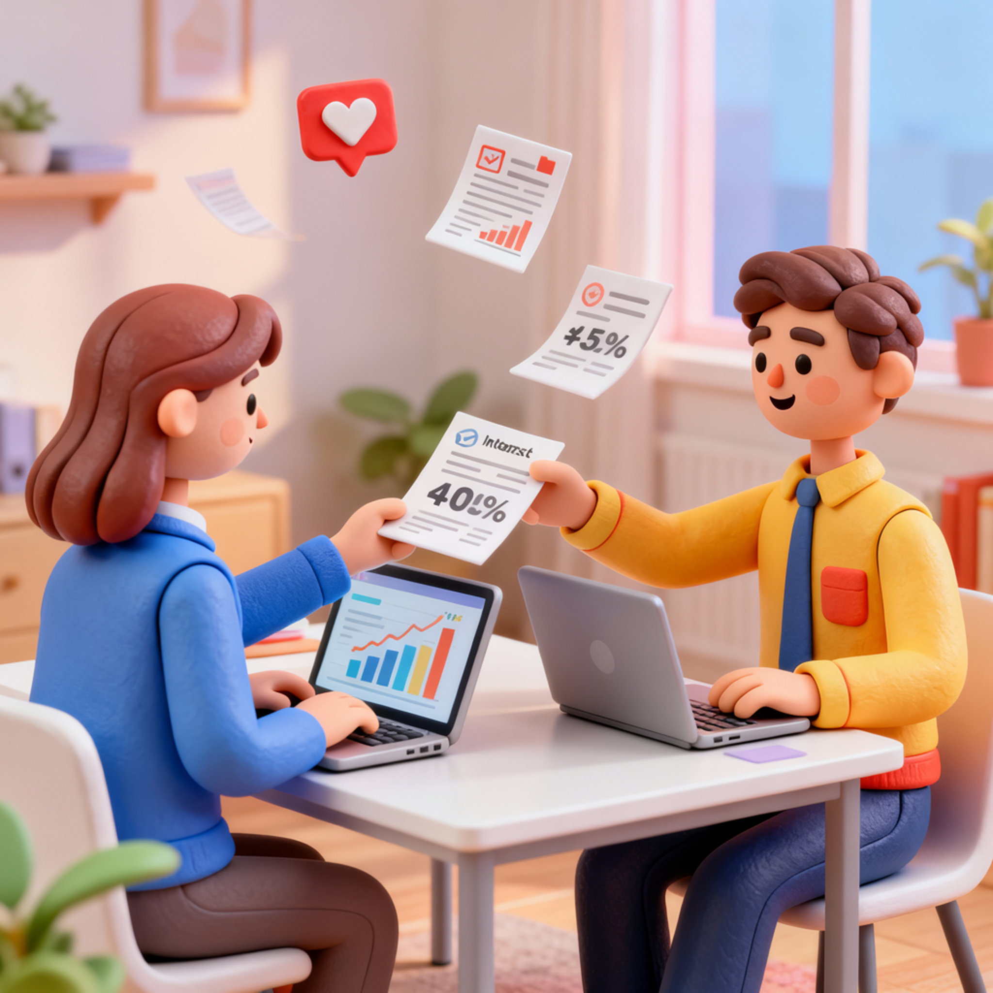 Two individuals reviewing personal loan rates on laptops.