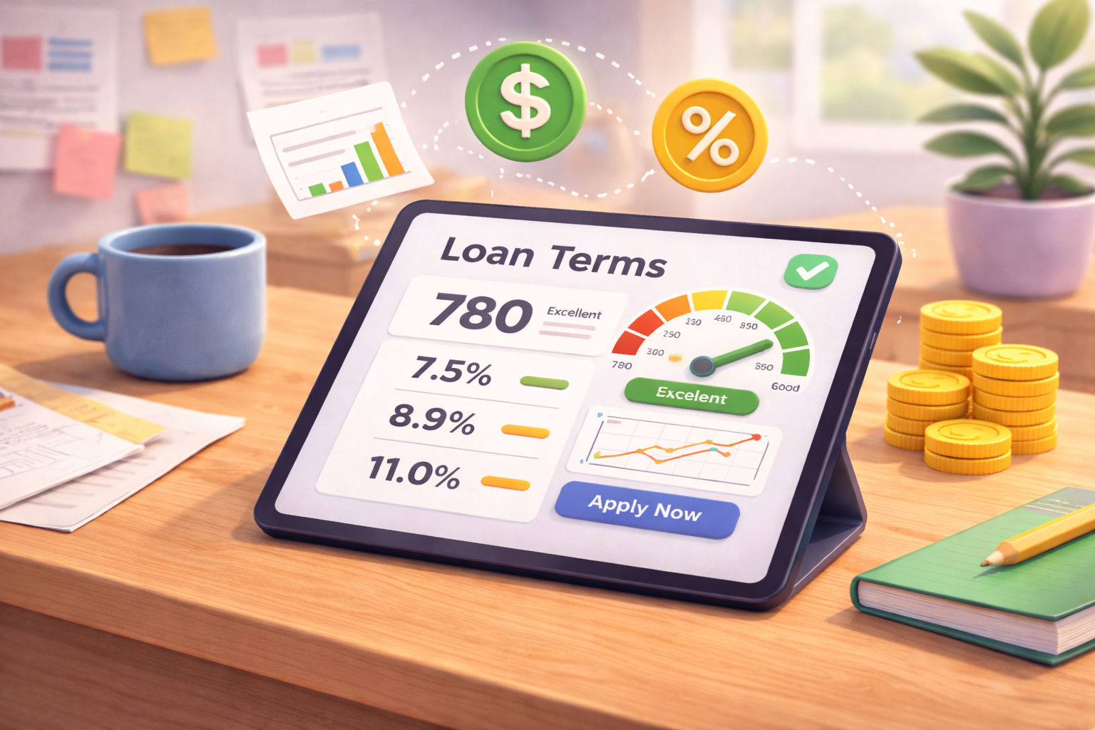 Illustration of personal loan application and credit score evaluation.