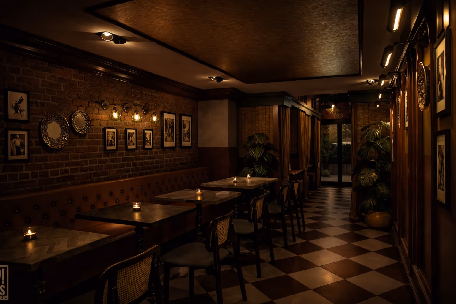 Dimly lit vintage-style restaurant interior with checkered floor, brick walls adorned with framed photos and mirrors, and small tables with candles.
