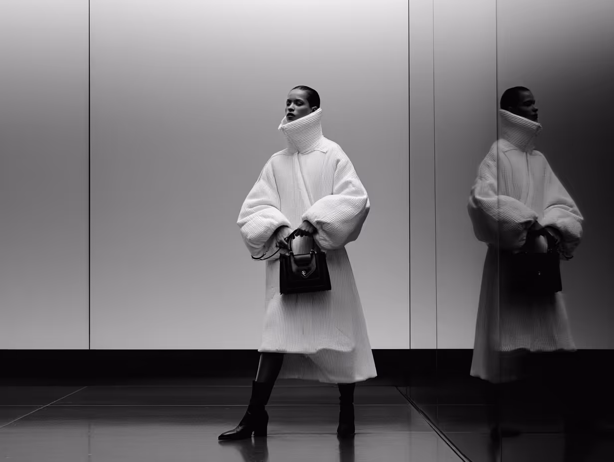 Grayscaled image of a model posing on the fashion runway.