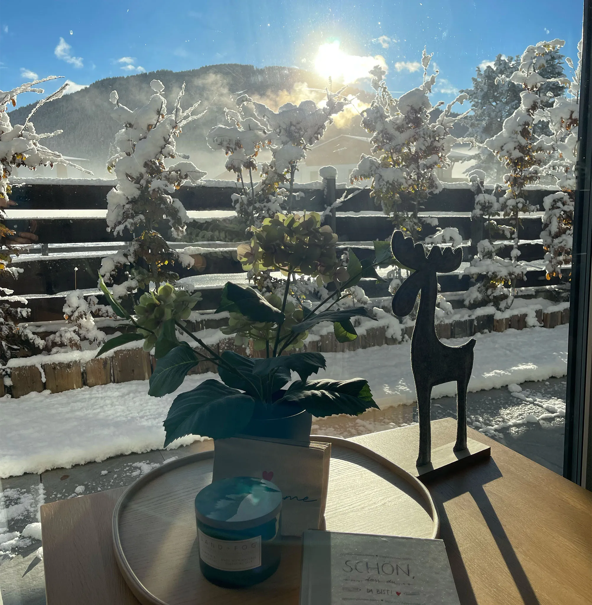 Sonniger, verschneiter Garten mit vereisten Sträuchern und Bergen im Hintergrund, gesehen durch ein Fenster mit Tisch, Topfpflanze, Kerze und Holz-Elchfigur im Innenraum.