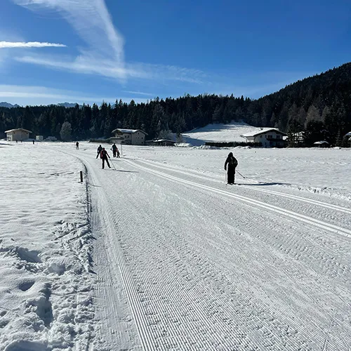 Menschen beim Skifahren auf einer präparierten Loipe in einer verschneiten Landschaft mit Holzhütten und Wald unter klarem blauem Himmel.