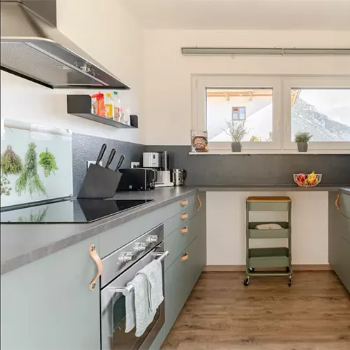 Moderne Küche mit grauen Schränken, Einbaubackofen, Kochfeld, hängenden Kräutern und Fenster mit Bergblick.