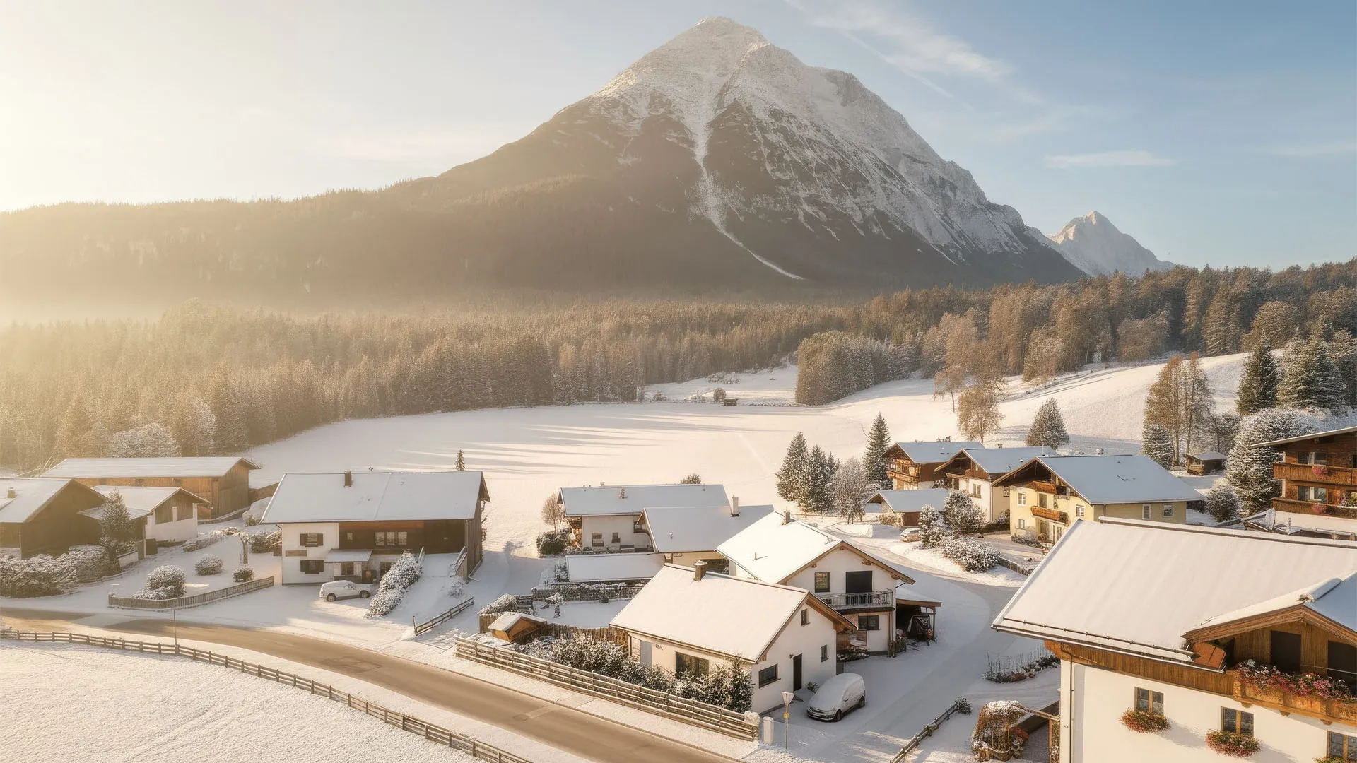 Drohnenaufnahme von Mein Chalet Tirol und der umliegenden Landschaft mit dem Hausberg Hohe Munde im Hintergrund.