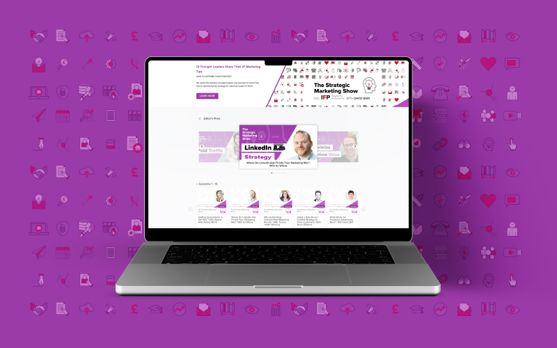 Laptop displaying 'The Strategic Marketing Show' website, highlighting an episode on LinkedIn Ads Strategy with AJ Wilcox