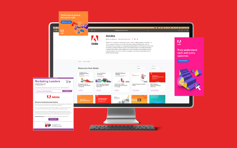 Computer display showing Insights For Professionals' promotion of Adobe content, featuring Adobe's brand profile, an IFP 'Marketing Leaders Insight' email bulletin, and display ads