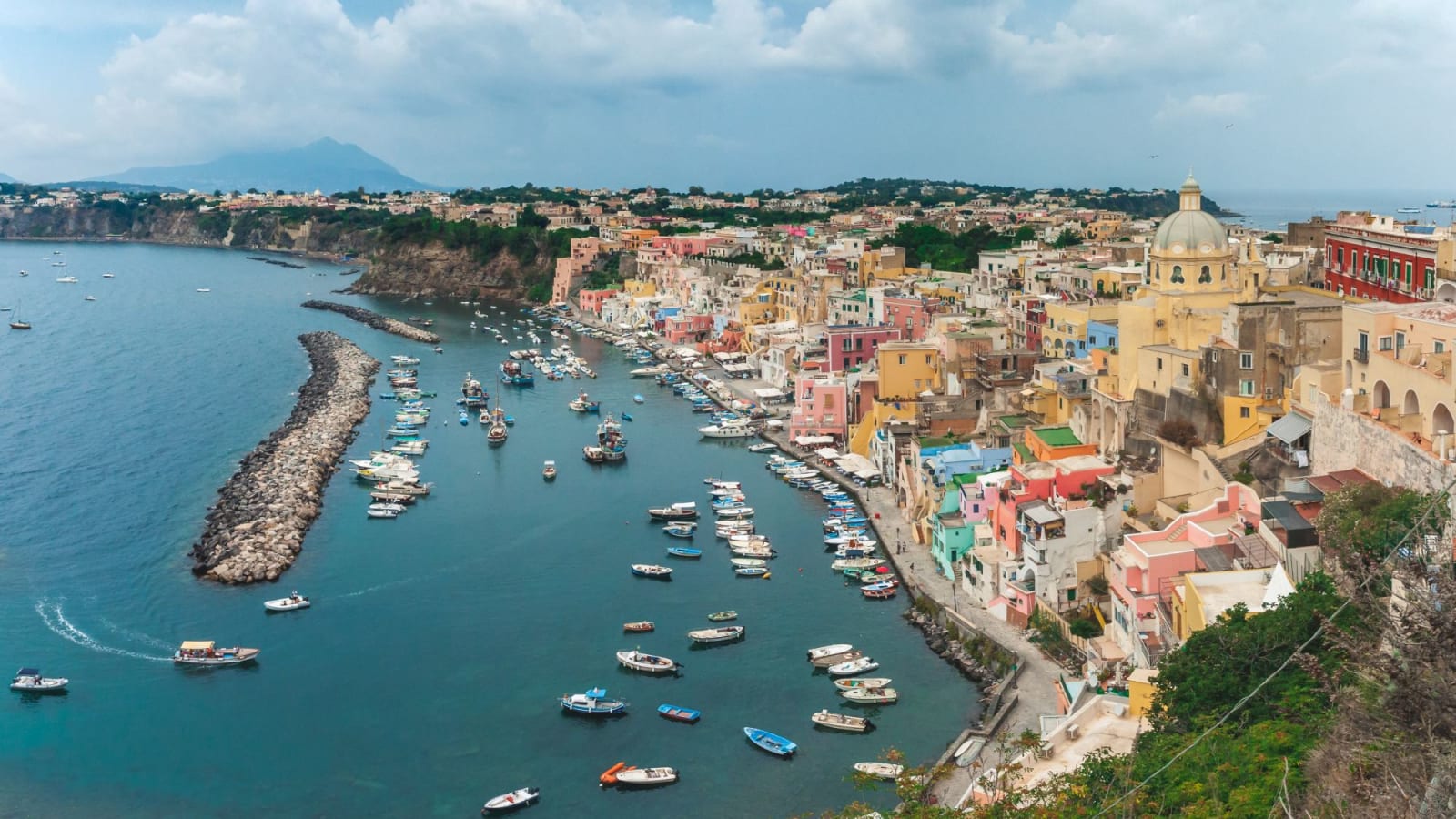 Pastel harbour houses on Procida, Bay of Naples