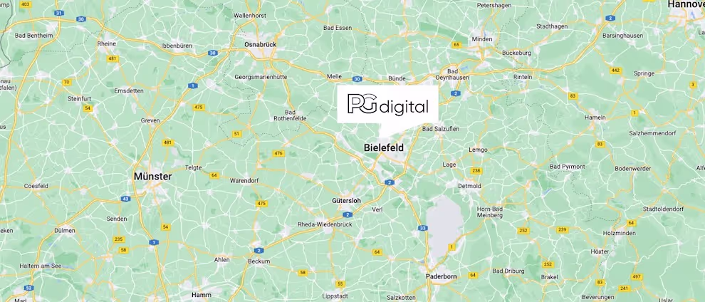 Karte von Nordrhein-Westfalen mit Hervorhebung des Standorts von PG Digital in Bielefeld, zentral gelegen zwischen Münster, Hannover und Paderborn.
