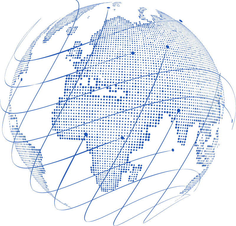 Blue dotted digital globe showing continents including Europe, Asia, and Africa with curved lines encircling it.