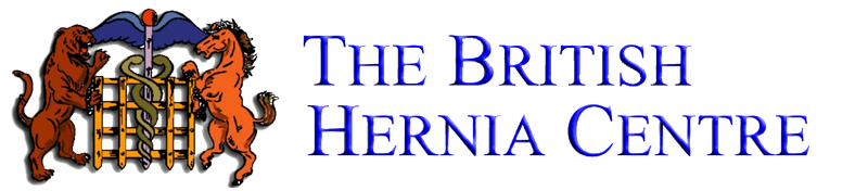 Logo of The British Hernia Centre featuring two lions flanking a medical caduceus symbol with the text 'The British Hernia Centre' in blue.
