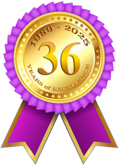 Gold medal with purple ribbon stating '36 years of excellence 1989 - 2025'.