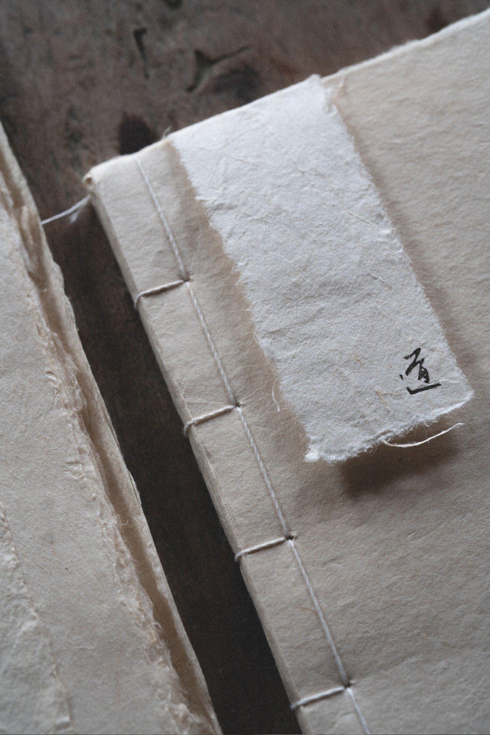 Detail of artisan journal binding with natural, minimal sustainable packaging.