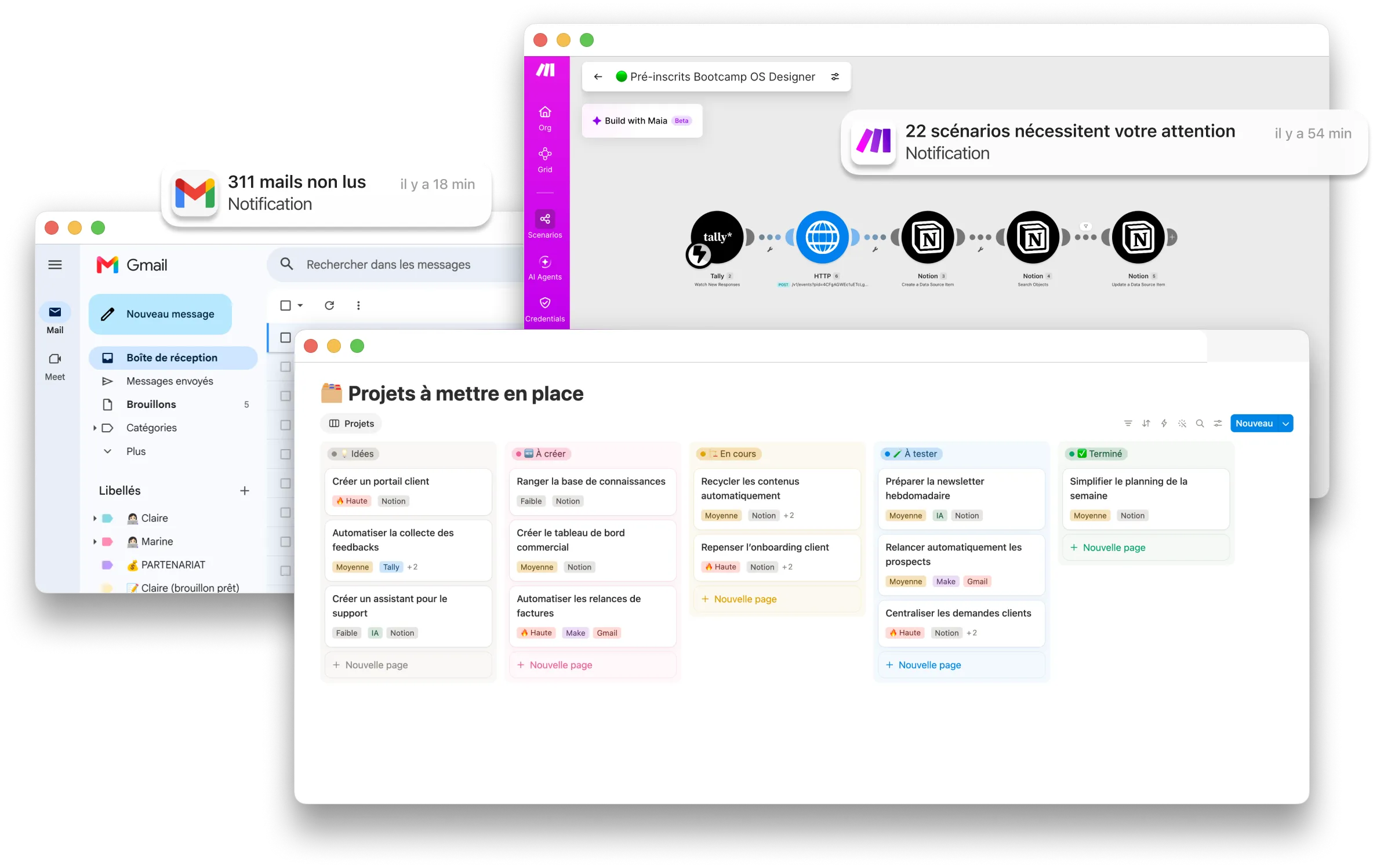 Captures d'écran de Gmail, d'un scénario Make et d'un tableau de projets Notion