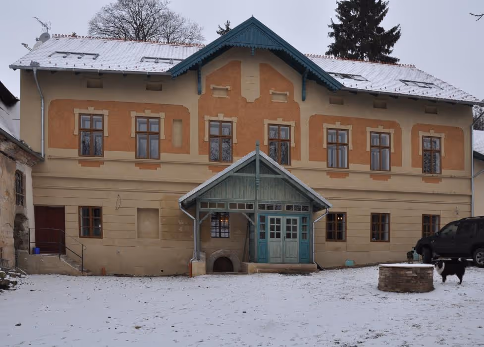 Two-story beige and orange house with blue porch, snow-covered ground, and a black dog near a stone well.