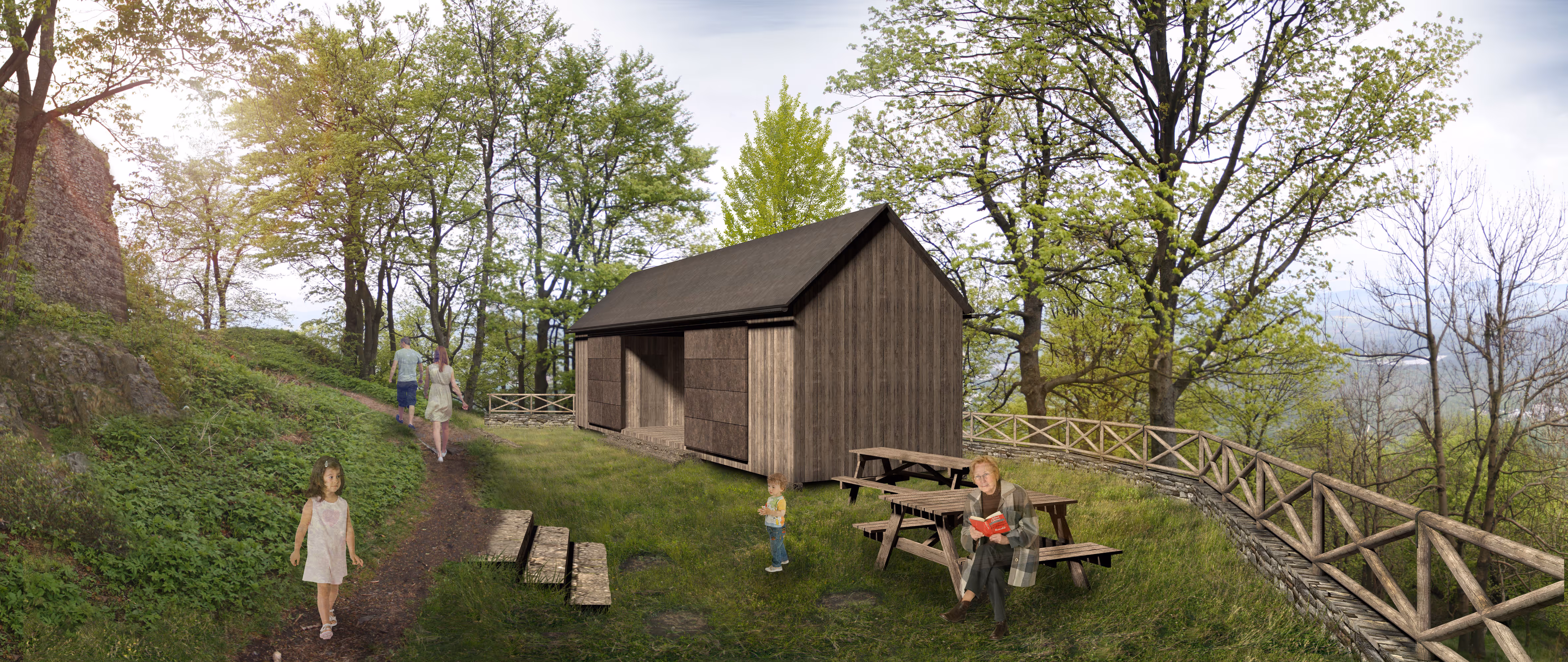 Wooden cabin surrounded by trees with people walking on a path and a person reading on a picnic bench.