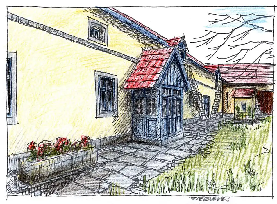 Colored sketch of a rustic courtyard with yellow buildings, red tiled roofs, a stone pathway, a blue wooden porch, flowerpot with red flowers, and some leafless tree branches.
