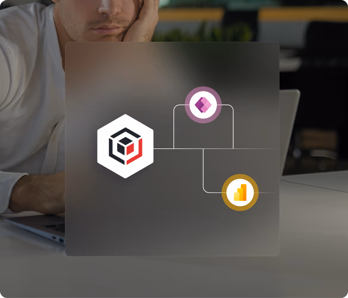 Mann blickt nachdenklich auf einen Laptop, überlagert mit verbundenen Symbolen für Datenanalyse und Geschäftsprozesse.