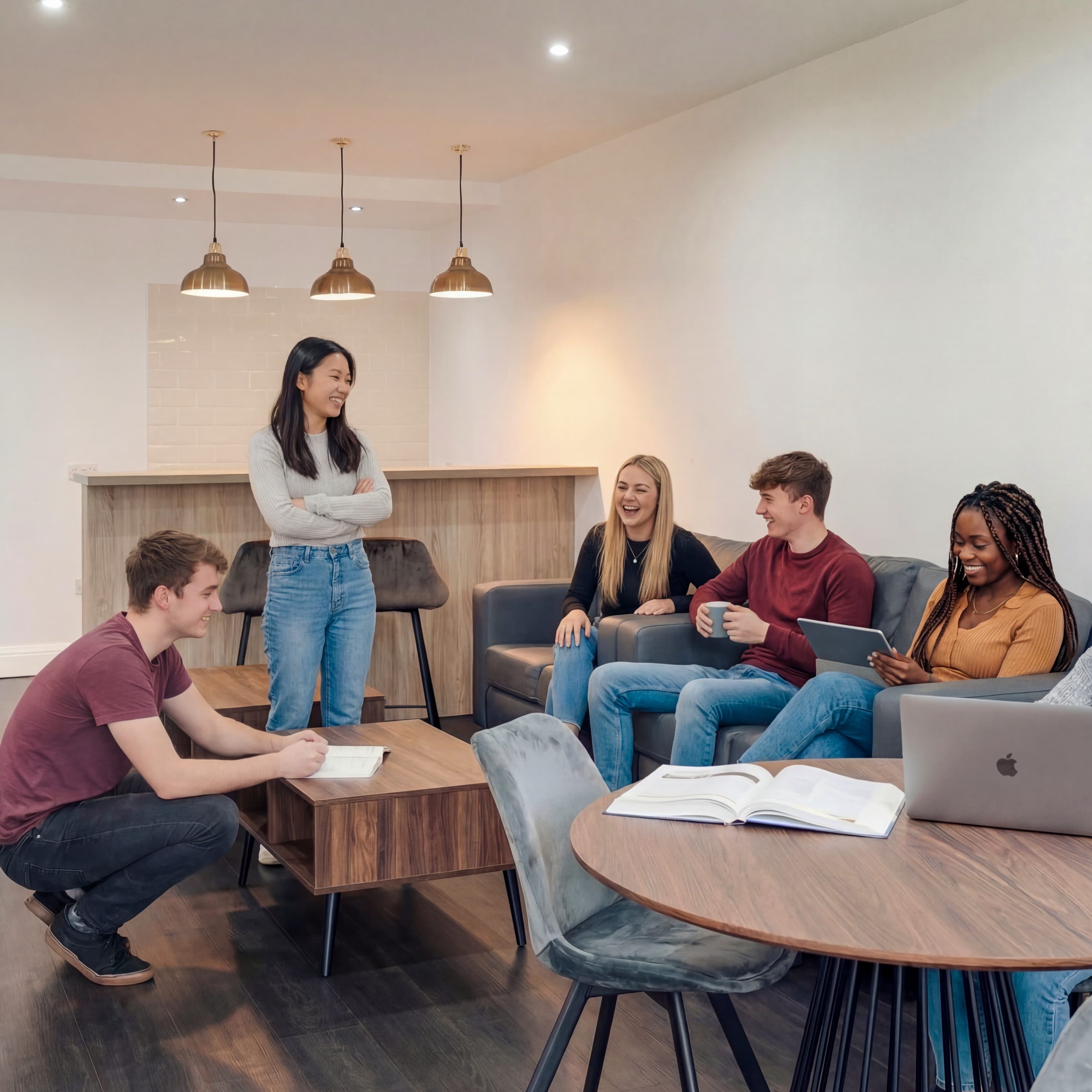 A group chatting and relaxing together in a shared lounge
