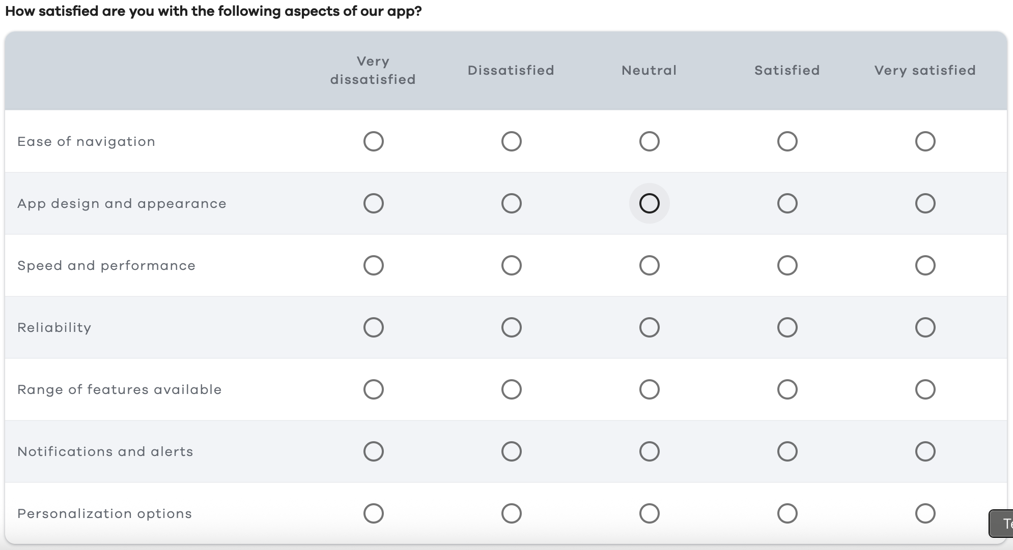 Multiple-choice questions matrix app example