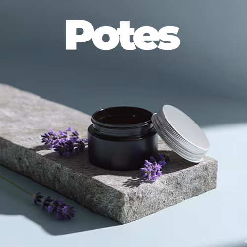 Banner da categoria “Potes” com pote preto aberto e tampa prateada, lavandas ao redor.