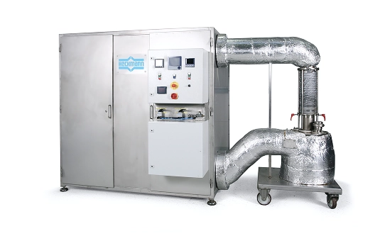 Industrial stainless steel batch dryer machine with control panel and connected insulated ductwork on wheels.
