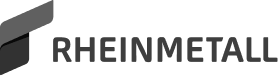 Rheinmetall Schriftzug neben einem stilisierten Logo mit zwei schrägen Linien.